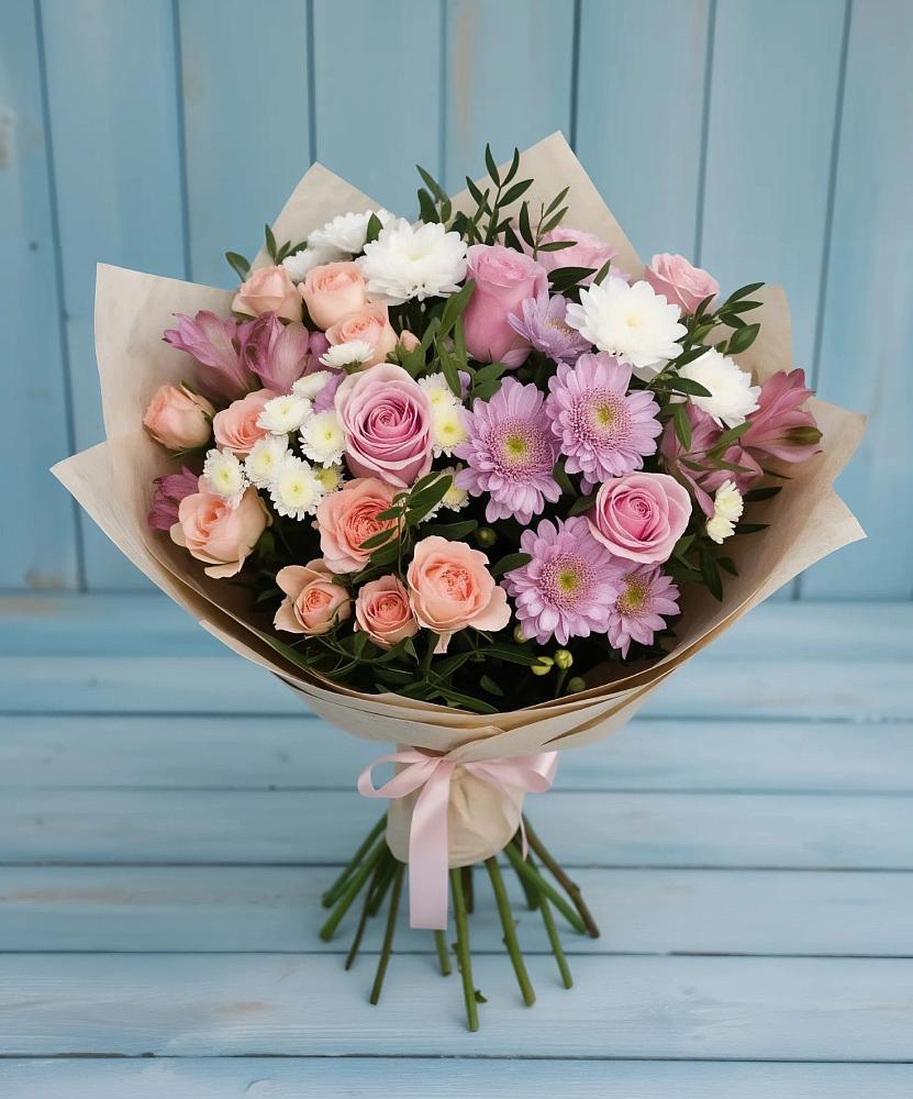 Букет цветов из: Хризантемы, Розы и Альстромерии в Раздольной