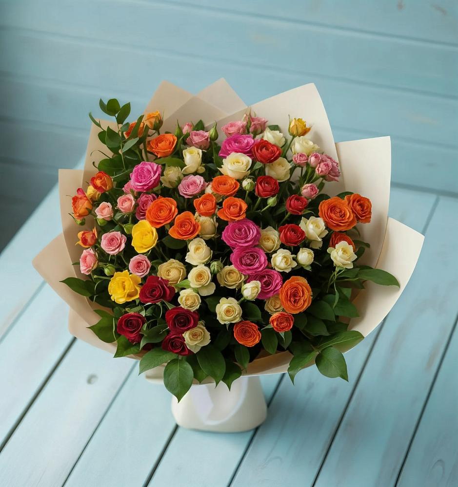 Букет Микс из разноцветных кустовых роз в Раздольной