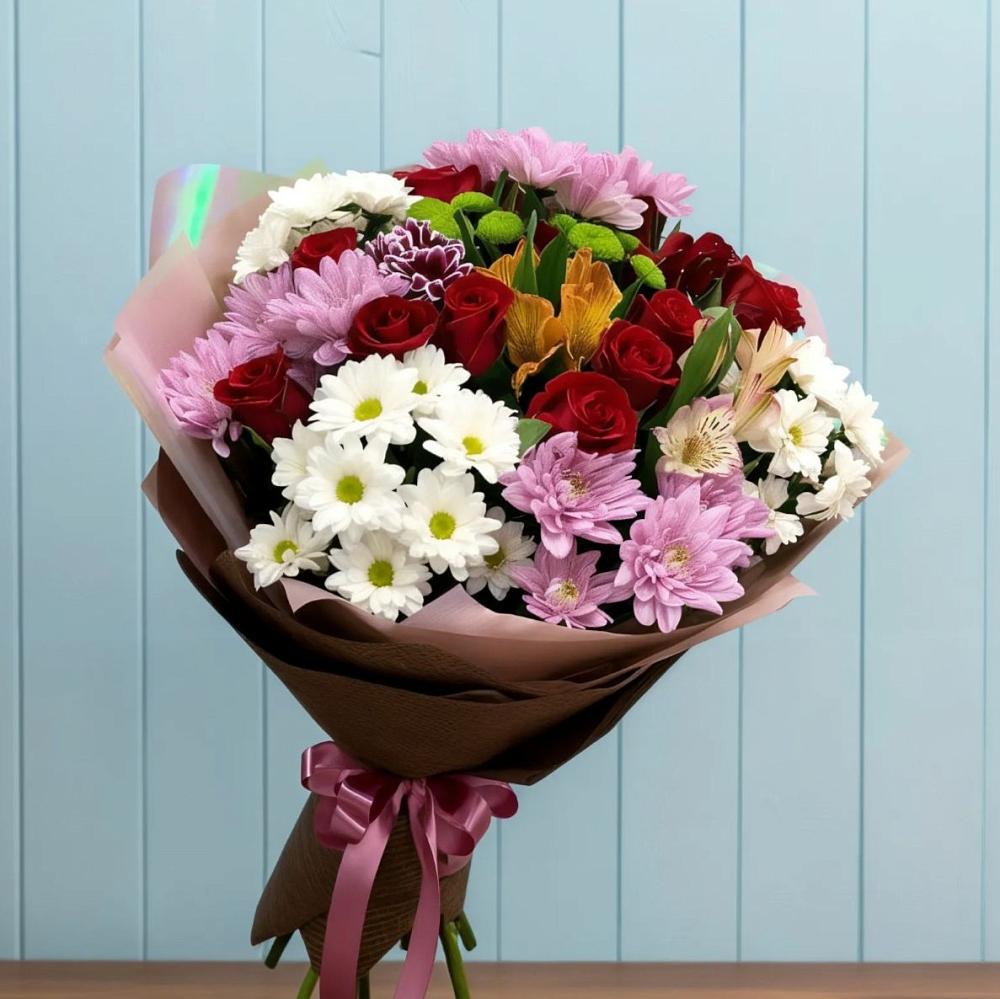 Букет цветов из: Розы, Хризантемы и Альстромерии в Раздольной