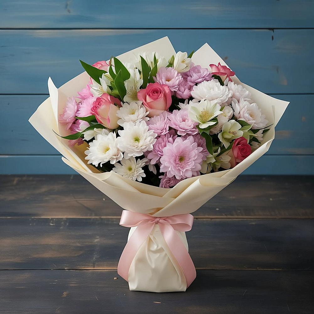 Букет цветов из: Хризантемы, Альстромерии и Розы в Раздольной